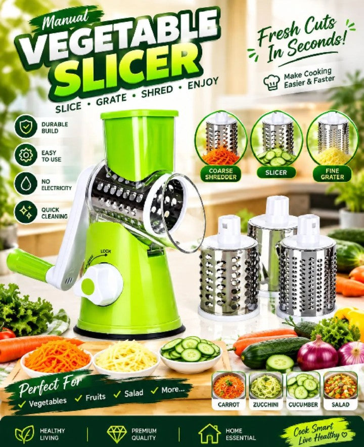 Falari 3-in-1 Tabletop Drum Grater - Rotary Cheese Shredder, Vegetable Slicer &amp; Cutter