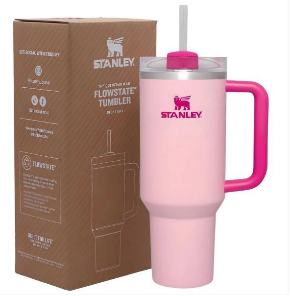 STANLEY 40oz Tumbler With Handle &amp; Straw - Double Wall Stainless Steel - Hot &amp; Cold 24 Hours - Pink / Black Studded