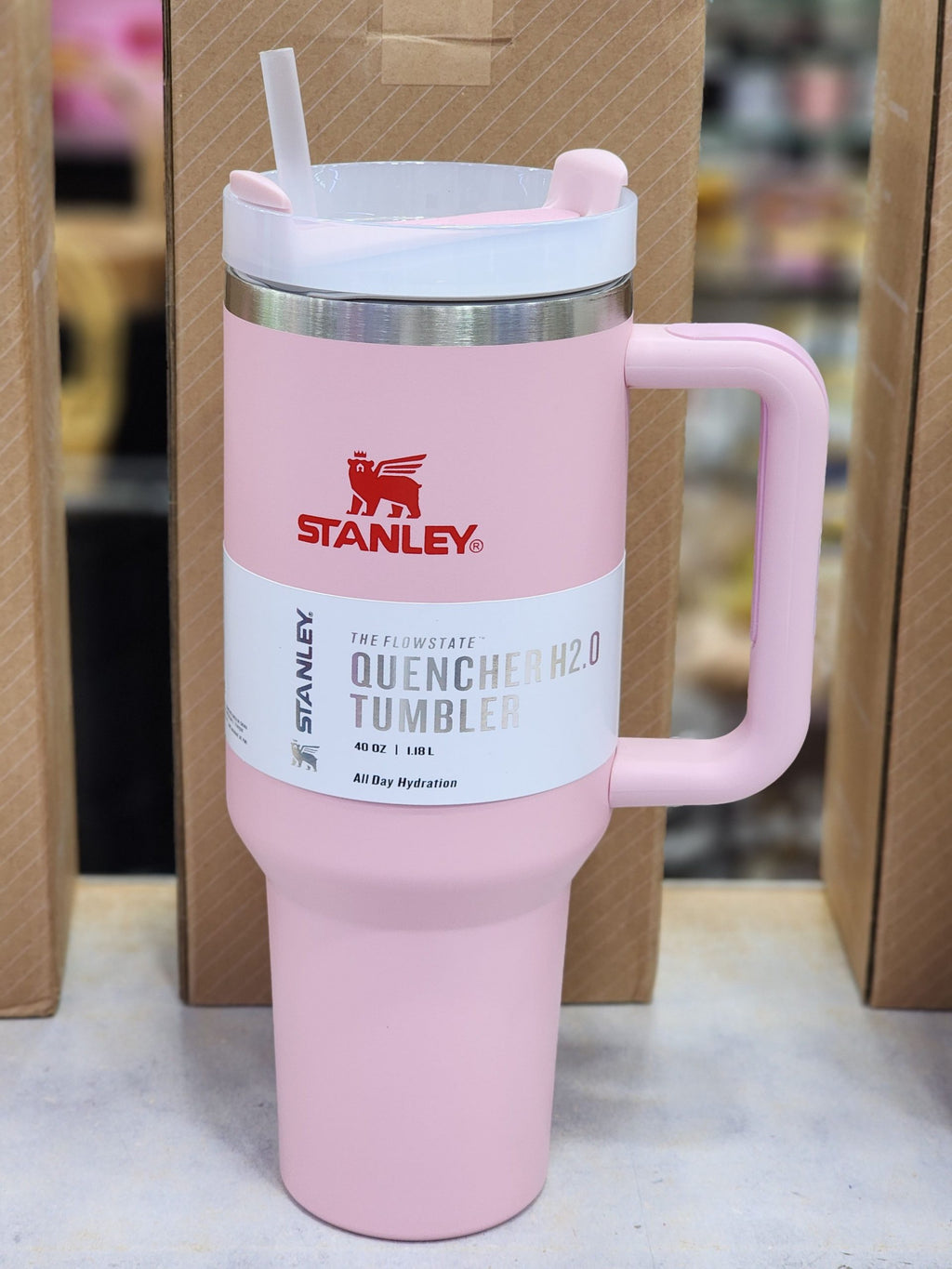 STANLEY 40oz Tumbler With Handle &amp; Straw - Double Wall Stainless Steel - Hot &amp; Cold 24 Hours - Pink / Black Studded