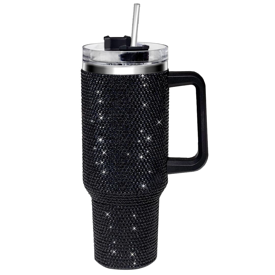 STANLEY 40oz Tumbler With Handle &amp; Straw - Double Wall Stainless Steel - Hot &amp; Cold 24 Hours - Pink / Black Studded