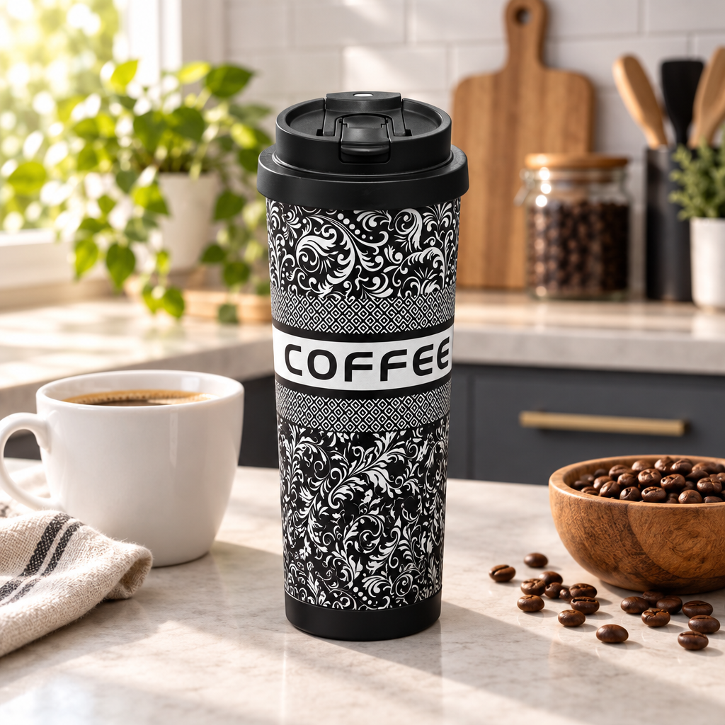 Stylish Coffee Travel Mug 500ML - Stainless Steel | Leak-Proof Travel Cup with Pattern